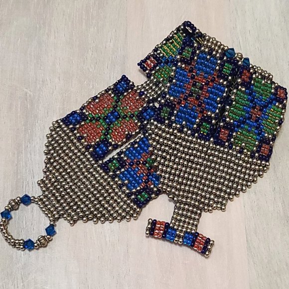 Handcrafted Pewter Glass Bead Hand stitched Bracel - Picture 3 of 3